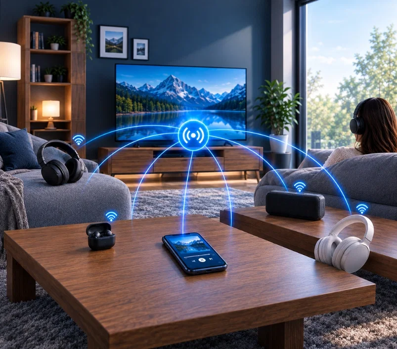 Symbolbild der Auracast Technologie: TV, Kopfhörer und Lautsprecher werden gleichzeitig drahtlos verbunden, Göldi Hörberatung