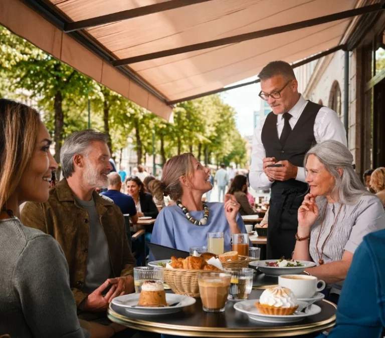 Personen mit Hörgerät Oticon Reveal beim gemeinsamen Frühstück, Göldi Hörberatung